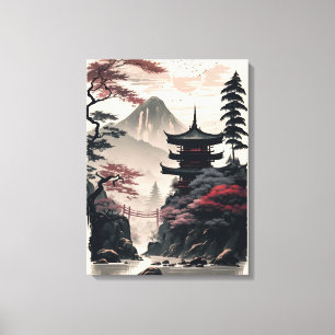 Japanischer Tempel-Landschaft-Poster – Zen-Berg Leinwanddruck