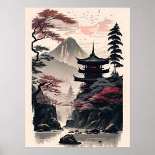 Japanischer Tempel-Landschaftsposter – Zen-Berg Poster