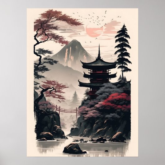 Japanischer Tempel-Landschaftsposter – Zen-Berg Poster (Vorne)