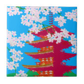 Japanischer Tempel mit Kirschblüte Fliese (Vorderseite)