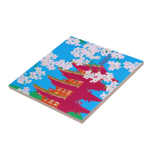 Japanischer Tempel mit Kirschblüte Fliese (Seite)