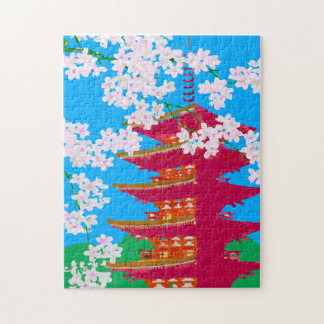 Japanischer Tempel mit Kirschblüte Puzzle