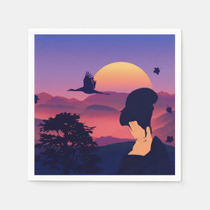 Japanischer Thema-Geisha-Baum und aufgehende Sonne Serviette