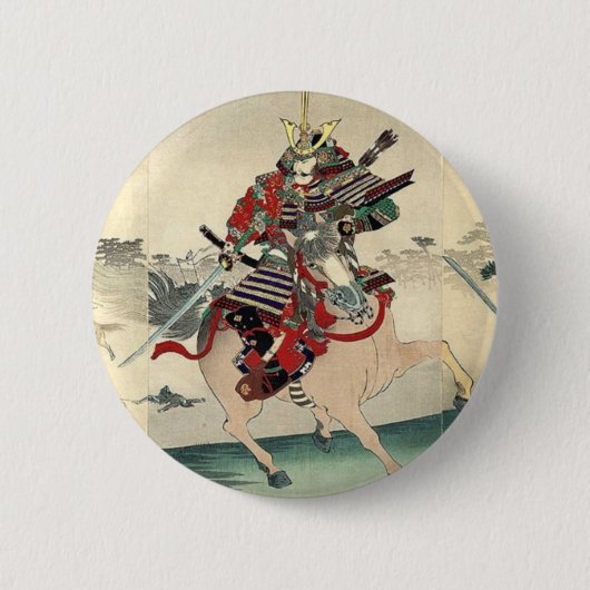 Japanischer Ukiyo-e-Pferd Ritterkrieger Samurai Button (Vorderseite)