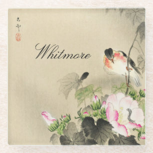 Japanischer Vintage-Vogel und rosa Blüten Glasdruc Glasuntersetzer
