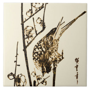 Japanischer Vogel auf einem Ast - Braun und Beige Fliese