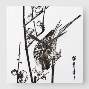 Japanischer Vogel auf einem Ast - Schwarz und Weiß Quadratische Wanduhr