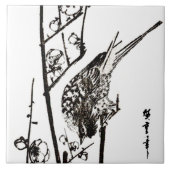 Japanischer Vogel auf Zweig - Schwarz und Weiß Fliese (Vorderseite)