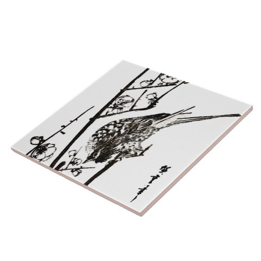 Japanischer Vogel auf Zweig - Schwarz und Weiß Fliese (Seite)