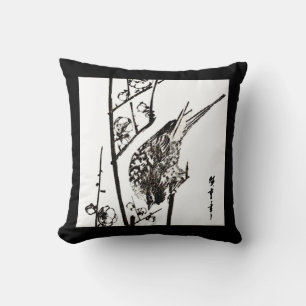 Japanischer Vogel auf Zweig - Schwarz und Weiß Kissen