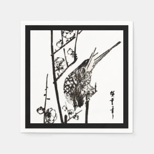 Japanischer Vogel auf Zweig - Schwarz und Weiß Serviette