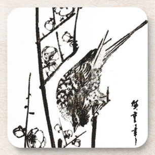 Japanischer Vogel auf Zweig - Schwarz und Weiß Untersetzer