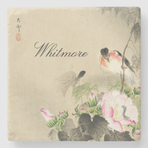 Japanischer Vogel und rosa Blüten Vintage-Druck St Steinuntersetzer