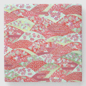 Japanischer Washi Art Red Floral Yuzen Stone Unter Steinuntersetzer (Vorderseite)
