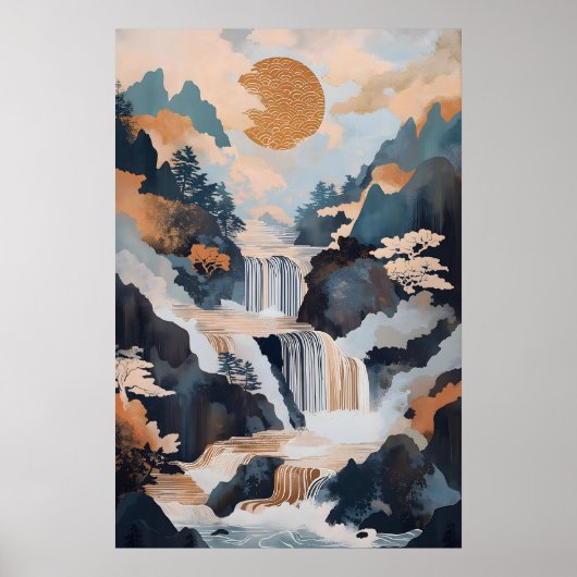 Japanischer Wasserfall-Kunstprint Tranquile Berge Poster (Vorne)