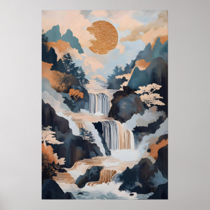 Japanischer Wasserfall-Landschaftsdruck Vintage Na Poster
