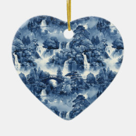 Japanischer Wassergarten in einem blauen weißen Po Keramik Ornament