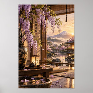 Japanischer Wisteria-Teeraum Mount Fuji Sonnenunte Poster