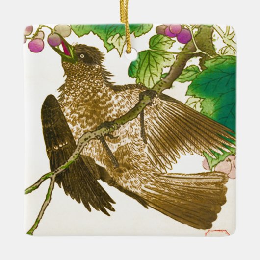 japanischer Zeichn von Jay auf einer Weintraube-Ke Keramikornament (Vorderseite)