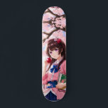 Japanisches Anime-Mädchen unter einem Kirschblosso Skateboard<br><div class="desc">Ein niedliches japanisches Anime-Manga-Mädchen mit einem Apfel und einem Buch unter einem staubigen rosafarbenen Kirschbaum. Das Kunstwerk ist eine künstlerische Erfindung. Die Augen,  wo von einem Manga-Künstler gemalt.</div>