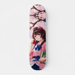 Japanisches Anime-Mädchen unter einem Kirschblosso Skateboard