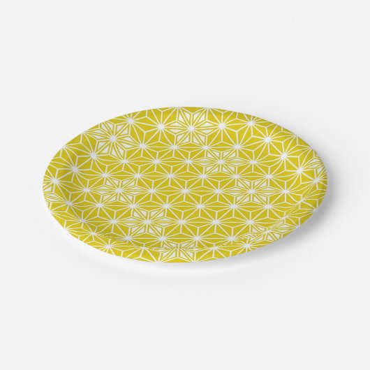 Japanisches Asanoha-Muster - Senfgold und weiß Pappteller (Schrägansicht)