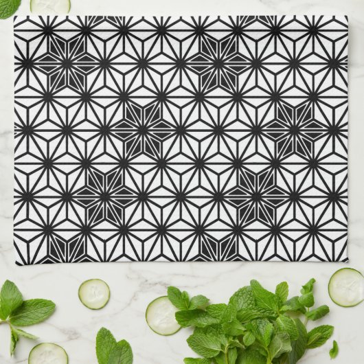 Japanisches Asanoha-Muster - weiß und schwarz Geschirrtuch (Gefaltet)