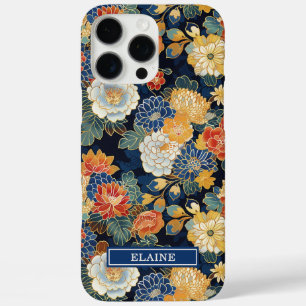 Japanisches blaues Blumenmuster mit Monogramm iPhone 16 Pro Max Hülle