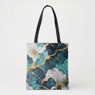 Japanisches Blumenmuster Teal Gold Tasche