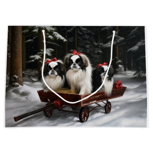 Japanisches Chin Snowy Sleigh Weihnachtsdekor Große Geschenktüte (Vorderseite)