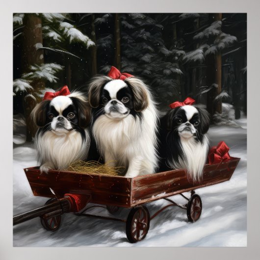 Japanisches Chin Snowy Sleigh Weihnachtsdekor Poster (Vorne)