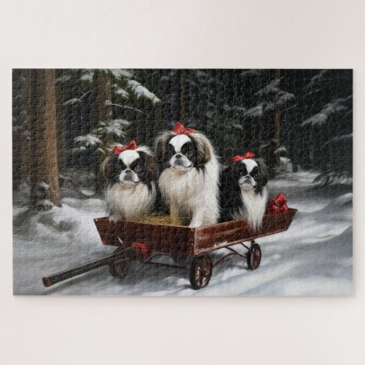 Japanisches Chin Snowy Sleigh Weihnachtsdekor Puzzle (Horizontal)