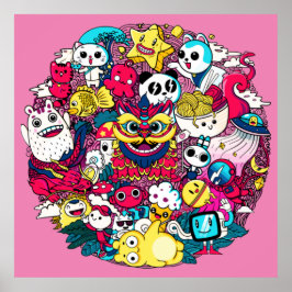 Japanisches Doodle Art Throw Kissen Poster