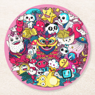 Japanisches Doodle Art Throw Kissen Runder Pappuntersetzer