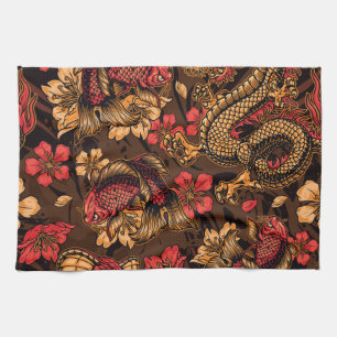 Japanisches Drachen-Koi-Muster. Geschirrtuch