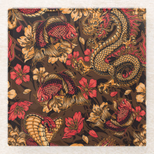Japanisches Drachen-Koi-Muster. Glasuntersetzer