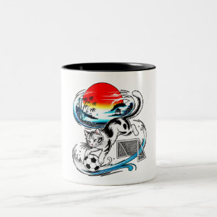 Japanisches Fußball-Katzengeschenk für Katzenliebh Zweifarbige Tasse