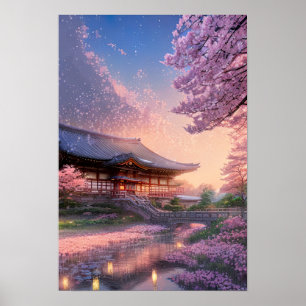Japanisches Gasthaus im warmen Glühen des Sonnenun Poster