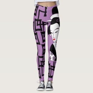 japanisches geisha Girl Schwarz-weiße lila Grafik Leggings