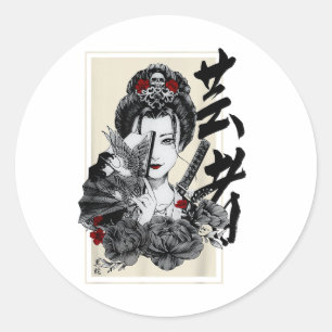 Japanisches Geisha-Tattoo Retro Vintage Samurai Gr Runder Aufkleber