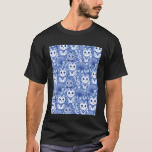 Japanisches Glückskatze-Muster Blau und Weiß T-Shirt