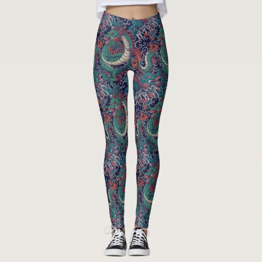 Japanisches Grün-Rot-Drachenmuster Leggings (Vorderseite)