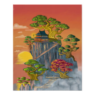 Japanisches Haus und Bonzai auf den Felsen. Poster