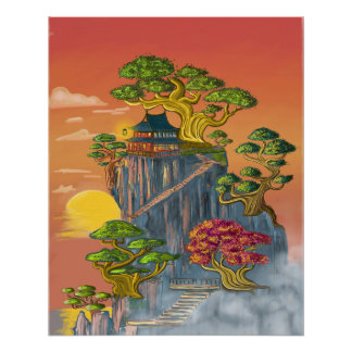 Japanisches Haus und Bonzai auf den Felsen. Poster