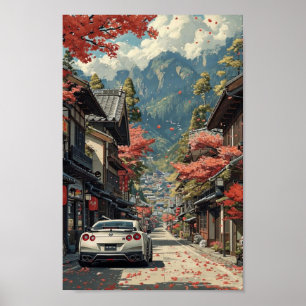 Japanisches Herbststraßenplakat mit Sportwagen Poster