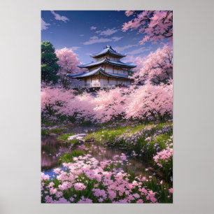 Japanisches Herrenhaus mit Sakura-Blüten Poster