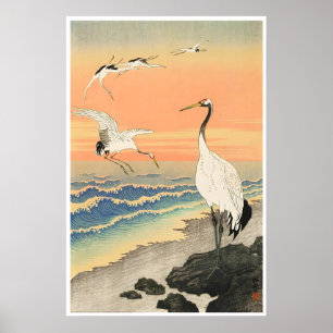 Japanisches Holzschnittdruck-Plakat Kraniche an de Poster