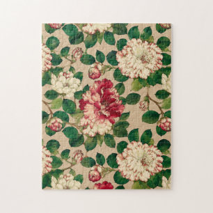 Japanisches Kamelienmuster. Tiefrosa auf Beige  Puzzle