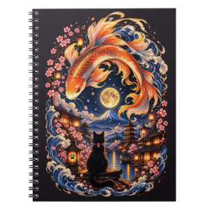 Japanisches Katzen- und Koi-Fisch-Mond-Notizbuch Notizblock