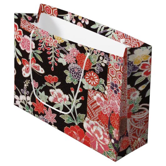 Japanisches KIMONO Textil, Blumenmuster Große Geschenktüte (Vorderseite Schrägansicht)